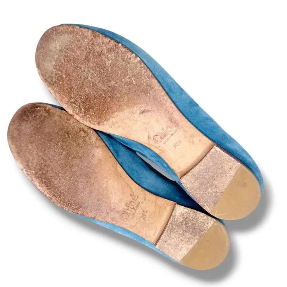 Chloé Marcie Blue Suede Ballerina Flats Small Gold Logo Women’s Size 36.5 (US 6)